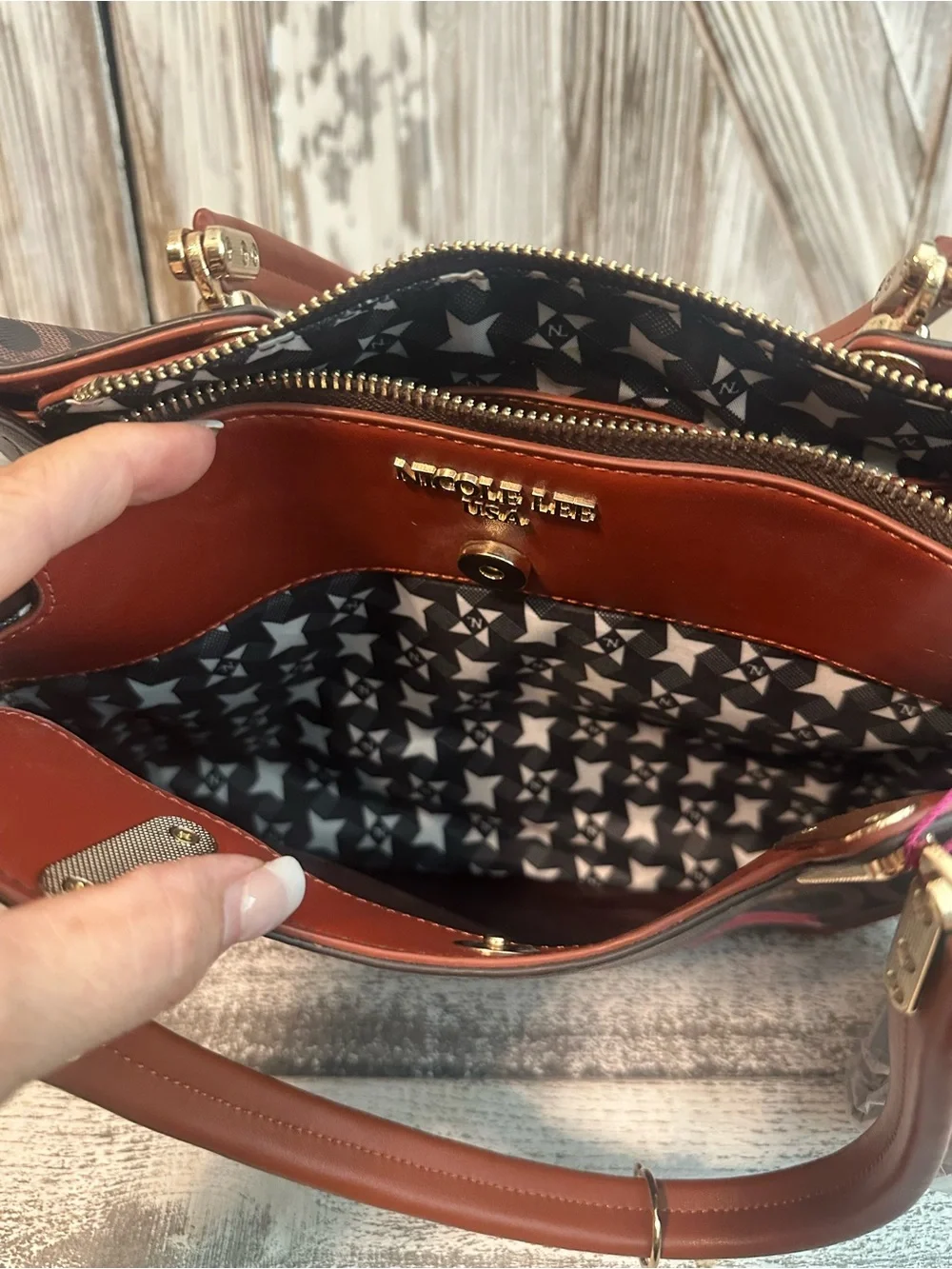 Nicole Lee USA Brown Satchel Handbag Purse Retro Convertible Print NWT Tags